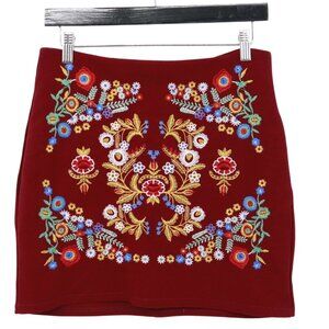 Floral Embroidered Mini Skirt in Rich Red